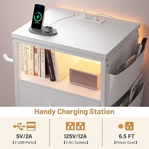 EnHomee Night Stand with 5 Drawers, Tall Nightstand with Charging Station and LED Light, Bedside Table with Extra Side Bag & Hooks, Bedroom, Closet, Hallway, Entryway, White thumbnail 8