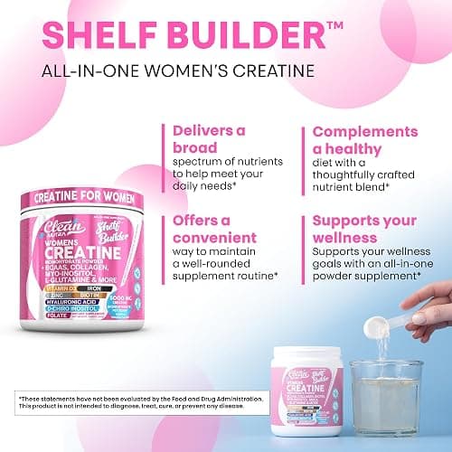 Creatine for Women | Creatine Monohydrate + BCAA Powder Myo-Inositol Collagen Biotin Hyaluronic Acid Folate L Glutamine Vitamin D3 Iron Zinc D-Chiro-Maca Digestion Shelf Builder by Clean Nutra thumbnail 6
