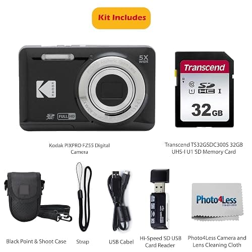KODAK PIXPRO FZ55 16MP Digital Point & Shoot Camera, 5X Optical Zoom, 28mm Wide Angle, 1080P Full HD Video, Bundle with 32GB SD Card, Protective Case, and Hi-Speed Card Reader (Black) - Black thumbnail 2