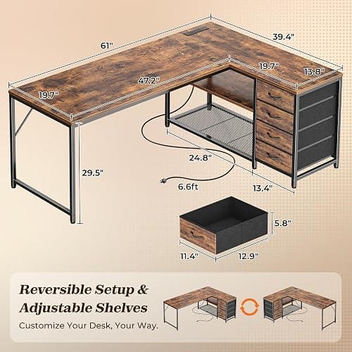 PRAISUN 61" L Shaped Desk with Power Outlets and USB-C Port, Reversible Computer Corner Office Desk with 4 Fabric Drawers and 2 Height-Adjustable Shelves, Large for Gaming Writing Study, Rustic Brown thumbnail 3