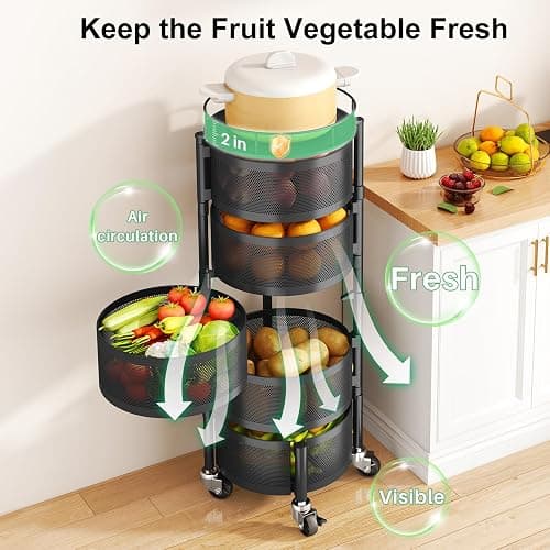SAYZH Fruit Vegetable Basket for Kitchen, Rotating Storage Rack, 5 Tier Rolling Cart with top lid, Large Metal Wire Wheels, Black thumbnail 4
