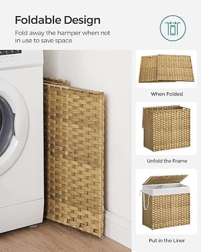 SONGMICS Laundry Hamper with Lid, 130L Clothes Hamper with 2 Removable Liner Bags, 6 Mesh Bags, Wicker Laundry Basket, Double Laundry Hamper for Bathroom, 13 x 26 x 23.6 Inches, Natural ULCB253N01 thumbnail 9