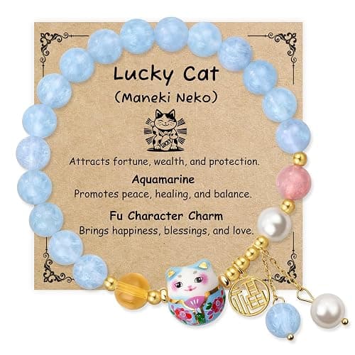 Sereney Lucky Bracelets for Women as Healing Crystal Protection Bracelets, Cat Aquamarine Bracelet for Girls as Cat Gifts, Red Agate Bead Bracelet for Protection as Feng Shui Gifts - Image 1