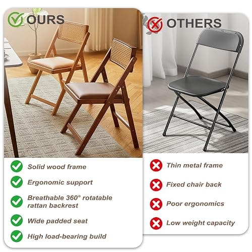 SOBIBO Wood Folding Dining Chairs, Padded Seat, Set of 2, Coffee & Walnut | Solid Wood Frame, Rattan Backrest, 600lbs Capacity, No Assembly Required, Mid Century Modern for Dining Room, Balcony, Patio thumbnail 8