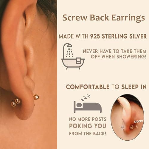 925 Sterling Silver Gold Screw Back Stud Earrings for Women/Girls, Helix Cartilage Tragus Earlobe Conch Piercing Jewelry,20 Gauge,Trio/Bar/Pearl/Butterfly/Leaf/North Star/Flower/Clover/Heart thumbnail 3