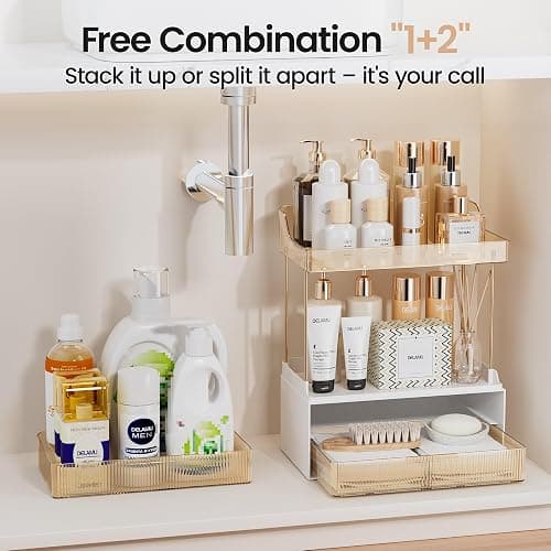 Delamu 4-Tier Makeup Organizer, Bathroom Counter Storage, 2 Drawers, Amber | Elegant Vanity Organizer Gift for Women, Holds Perfume, Skincare, Nail Polish & Hair Accessories for Bathroom Countertop thumbnail 6