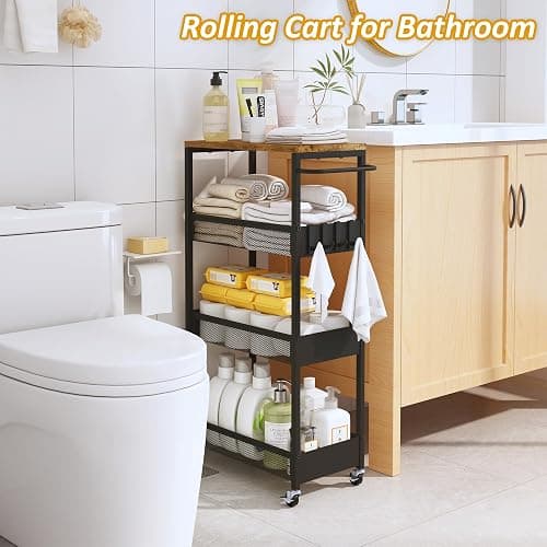 9.1" Wide Slim Rolling Utility Cart, 4 Tier Metal Narrow Storage Cart with Handle and Wood Top, Multifunctional Small Mobile Shelf Unit Organizer Trolley for Laundry, Bathroom, Kitchen thumbnail 6
