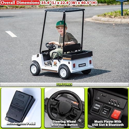 sopbost 2 Seater Ride On Car with Remote Control 2WD 12V Electric Mini Golf Cart for Kids Boys Girls Age 3-5, Bluetooth, Plastic Roof, Rear Storage Box - White thumbnail 5