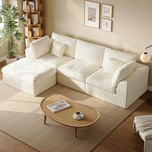 Comkei 116” Boneless Sectional Couch Modular Cloud Sofa with Ottoman for Living Room Deep Seat Corduroy Couches for Apartment Warm White thumbnail 3