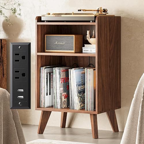 Record Player Stand, Turntable Stand with Record Storage and Charging Station & USB Ports, Record Player Table with Metal Divider, Record Stand Up to 160 Albums for Living Room, Bedroom Walnut - Image 1