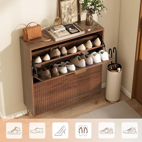 LYNCOHOME Fluted Narrow Shoe Storage Cabinet with 2 Flip Drawers, Freestanding Shoe Organizer for Entryway, Shoe Rack Cabinet with Adjustable Shelves, Walnut thumbnail 6