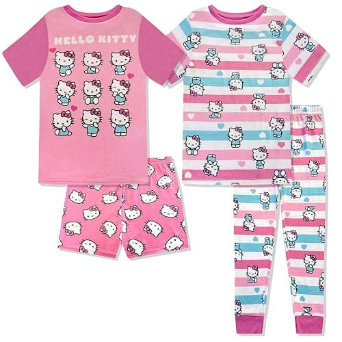 Hello Kitty Girls 4 Piece Pajama Set - Tight Fit Soft Short Sleeve Shirt, Shorts & Pants - Kids Sleepwear - Official License - Image 1