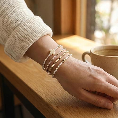 EQUBIO Gold Beaded Bracelet for Women，14K Plated Stackable Beaded Bracelet Set，Handmade Adjustable Waterproof Beaded Jewelry，Fashion Jewelry Set Gifts for Women Birthday Friendship thumbnail 2