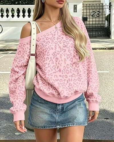 BAIGRAM Women Oversized Leopard Print Fleece One Shoulder Sweatshirt Cute Y2K Grunge Drop Shoulder Pullover Fall Outfits thumbnail 4
