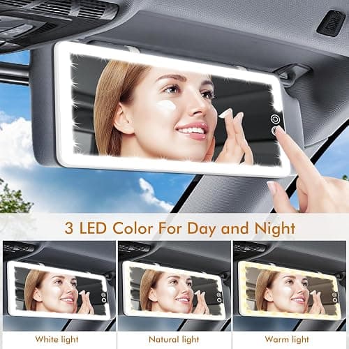 Car Visor Vanity Mirror with Light, Rechargeable Dimmable Touch LED Sun Visor Mirrors, Large Detachable Vanity Makeup Mirror with 3 Color Modes for Truck SUV Car Accessories Essential for Women(White) thumbnail 4