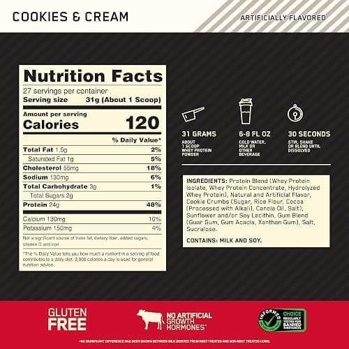 Optimum Nutrition Gold Standard 100% Whey Protein Powder, Cookies & Cream, 2 Pound (Packaging May Vary) thumbnail 3