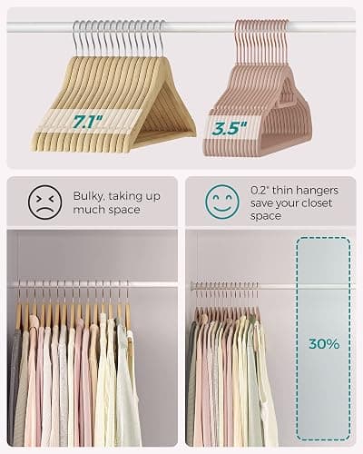 SONGMICS Velvet Hangers, Set of 50 Clothes Hanger with Rose Gold Swivel Hook, Non-Slip, and Space-Saving, 0.2-Inch Thick, 17.1-Inch Long for Coat, Shirt, Dress, Pants, Tie, Caramel Brown UCRF021LB50 thumbnail 6