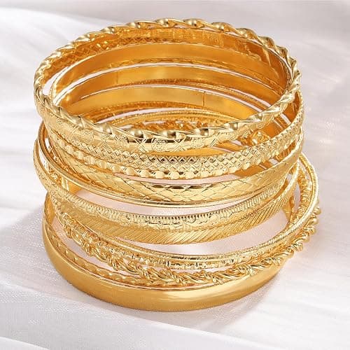 17IF Gold Bangle Bracelet For Women, 14k Multilayer Charm Textured Stackable Bracelets Boho Indian Chunky Cuff Fashion Jewelry Gift thumbnail 6
