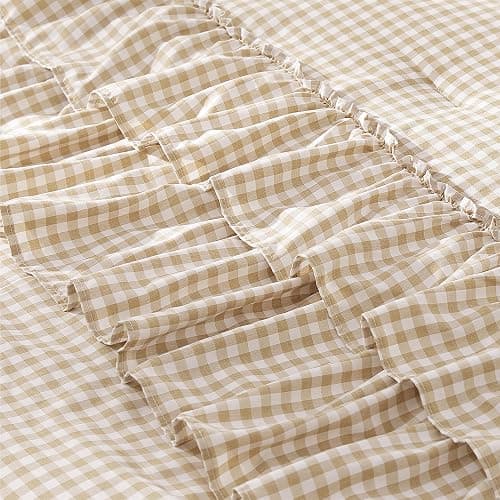 AMBERSPACE King Size Comforter Set Gingham Ruffle Tan 7 Pieces Bed in a Bag | Farmhouse Shabby Chic Fluffy Bedding Sets with Sheets, Pillowcases & Shams thumbnail 8