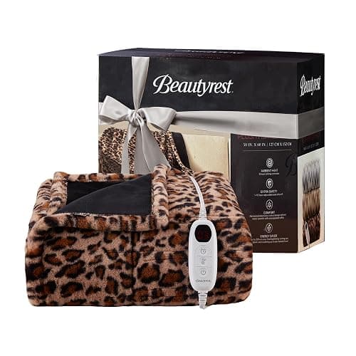 Beautyrest Long Brushed Faux Fur Ogee Textured Design Electric Blanket, Auto Shut Off, Virtually Zero EMF, Multi Heat Setting, UL Certified, Machine Washable, Leopard Throw 50x60 - Image 1