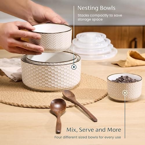 KooK Ceramic Nesting Bowls, with Lids, Serving, Set of 4, Embossed, Kitchen, Prep, Mix, Gift, Housewarming, Microwave and Dishwasher Safe, 10/16/29/47 oz, Narbonne Collection (Ivory) thumbnail 3