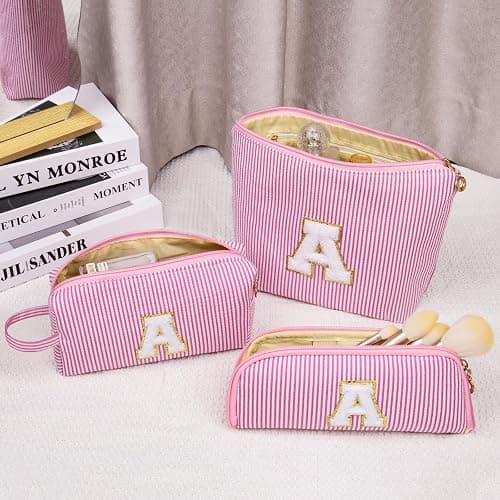 Junesters Personalized Initial Makeup Bag, Embroidered Stripe Travel Cosmetic Case, Large & Small Pouch Set for Women thumbnail 2