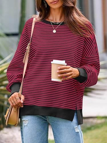 Fisoew Women's Fall Oversized Sweatshirt Casual Waffle Knit Long Sleeve Crewneck Split Pullover Tunic Tops thumbnail 2