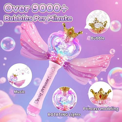 Princess Bubble Wand Machine for Girls, Electric Bubble Mahcine Blower with LED Light & Music, 9000+ Bubbles per Minute, Bubble Maker Gifts for Kids Girls Birthday Party thumbnail 5