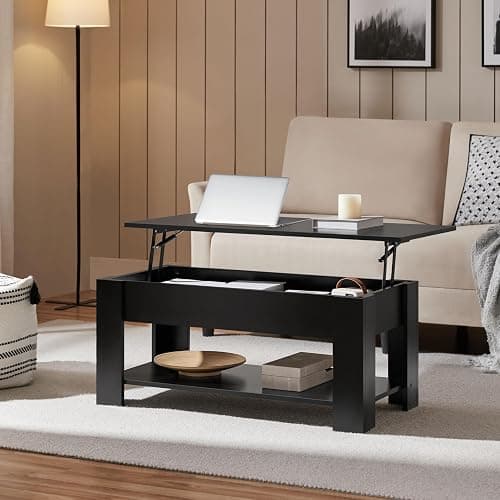 Yaheetech Wooden Coffee Table, Lift Top Coffee Table with Large Hidden Storage Shelf, Lift Tabletop Dining Tables for Living Room, Home Small Space, 38.6in, Black thumbnail 2