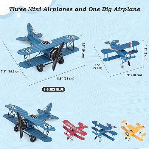 Phirown Vintage Airplane Decor,Airplane Cake Topper,4 Pack Retro Metal Plane Ornament for Home,Hanging Aircraft Biplane Handicraft for Christmas Birthday Gifts(Blue Large and Three Small) - Blue, 4 Pcs thumbnail 3