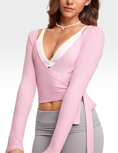 INGIA Womens V-Neck Long Sleeve Cross Wrap Top Slim Fit Soft Knit Layering Shirt Casual Yoga Gym Bandage Tie Tops thumbnail 3