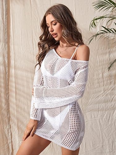 COZYEASE Women's Long Sleeve Backless Knitted Cover Up Swimsuit Hollow Out Crochet Swimwear Beach Dress thumbnail 5