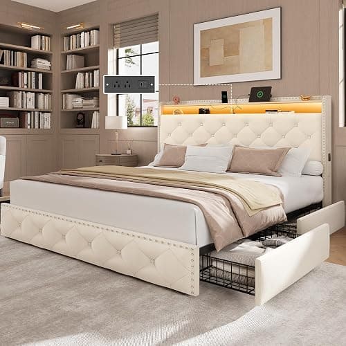 LARMACE Queen Size Bed Frame with 4 Storage Drawers and Charging Station,Velvet Upholstered Platform Bed Frame with LED Headboard,Heavy Duty,No Box Spring Needed,Easy Assembly,Beige - Image 1