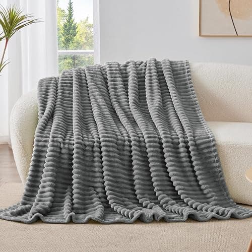 BEDELITE Fleece Throw Blanket for Couch - 300GSM Soft & Warm Fluffy Grey Blanket, Decorative and Giftable Striped Blankets for Women, Men, 50"x60" thumbnail 9