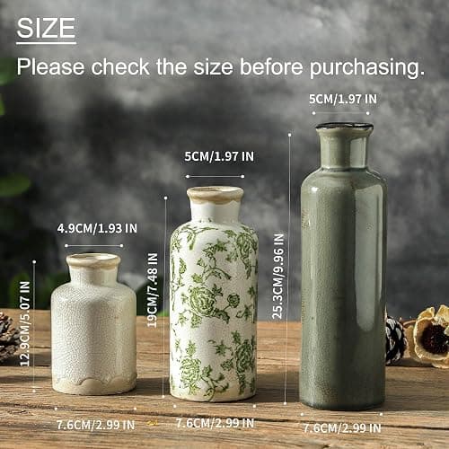 Vintage Vase Set of 3, Ceramic Vintage Flower Vases, Chinoiserie Decorative Home Decor Retro Floral Vase Rustic Farmhouse Decor for Table Bookshelf Mantel Kitchen Living Room Office - Green and Beige thumbnail 2