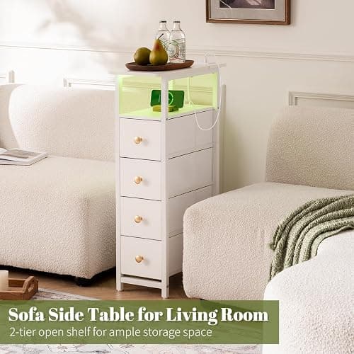 Yoobure LED Narrow Nightstand with Charging Station - Slim Dresser for Bedroom Narrow Side Table Storage Cabinet, Small Dressers Chest of Drawers, Tall Night Stand End Table for Small Spaces, White thumbnail 5