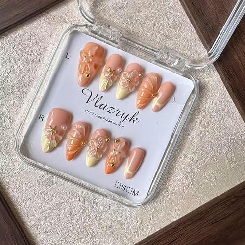 Handmade Press On Nails, Medium Almond Fake Nails with 3D Flowers & Metal Charms, Reusable Full Cover Acrylic Nails,Luxury Orange-Yellow Gradient French Tips for Women.(10PCS Size S) thumbnail 8