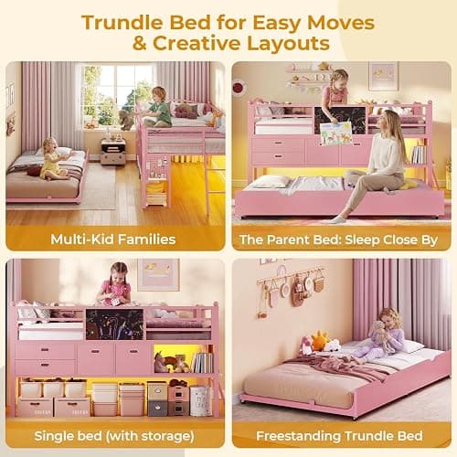 ADORNEVE Low Loft Bed Twin Size with Trundle & LED Lights, Kids Loft Bed with 4 Storage Drawers & Open Cubbies & DIY Pegboard, Twin Loft Bed with Safety Guardrail,Under-Bed Play Zone, Pink thumbnail 4