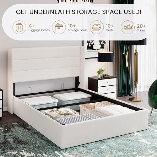 SHA CERLIN Queen Size Lift Up Storage Bed/Velvet Upholstered/Modern Wingback Headboard/Upholstered Platform Bed Frame/Hydraulic Storage/No Box Spring Needed/White thumbnail 3