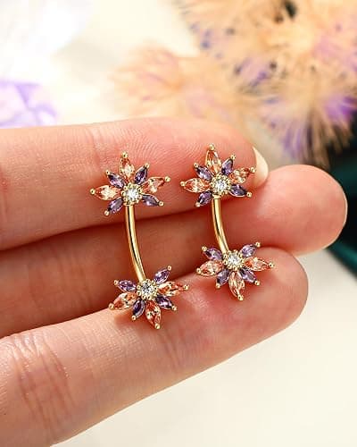 COCHARM Colorful Lotus Belly Button Rings, 14G Both End Belly Navel Rings for Women, Gold Plated Navel Piercing Jewelry Stainless Steel 8/10MM thumbnail 6