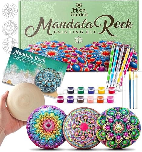 MoonGarden Mandala Rock Painting Kit - Mandala Dotting Tools Kit - Large Wooden Rocks for Painting, Stencils, Acrylic Paints, Dotting Tools for Rocks - Dot Art Kit for Adults & Kids - Image 1