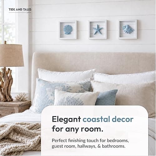 Tide and Tales 3D Coastal Wall Art, Beach Wall Decor, Framed Set of 4, Blue | 7" x 7", Textured 3d Seashells, Wall Decoration for Bathroom, Bedroom or Beach House, Lightweight, Hand Painted, Gift Boxed thumbnail 8