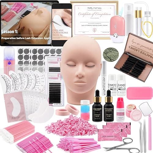 Pretty memory Eyelash Extension Kit with Training Course, PDF Guide & Certificate – Complete 446 Pcs Lash Practice Set with Mannequin Head, Glue, Tweezers, Fan, Primer & Bonder for Beginners - Image 1