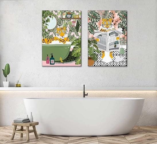 2Pcs Fun Bathtub Animals Bathroom Canvas Wall art Maximalist Tropical Botanical Tiger Reading Newspaper on Toilet Painting Pictures Wall Decor Eclectic Jungle Toilet Poster Print Artwork - bathroom - 12x16in Canvas thumbnail 4
