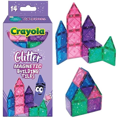 CreateOn Crayola Magnetic Tiles, Building Set for Kids, Magnetic Toys for Kids, Travel Toys, Classroom Sensory Toy Blocks, STEM & Montessori Tools for Boys & Girls Ages 3+, 14-Piece Set (Glitter) - Image 1