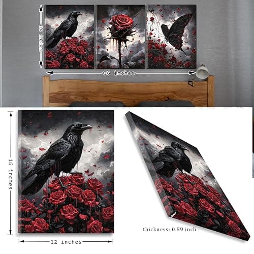 Framed Gothic Wall Art, Romantic Goth Decor, Spooky Dark Crow Flower Butterfly Aesthetic Pictures Decor for Bedroom Living Room Home(Framed, 12x16in, Set of 3, Ready to Hang) thumbnail 5