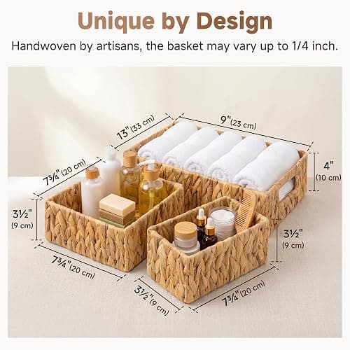 StorageWorks Pantry Baskets for Shelves 3 Pack, Rectangular Wicker Basket with Handles, Natural Water Hyacinth Woven Baskets for Living Room, Toilet, Shelf Storage Basket for Home Decor thumbnail 3