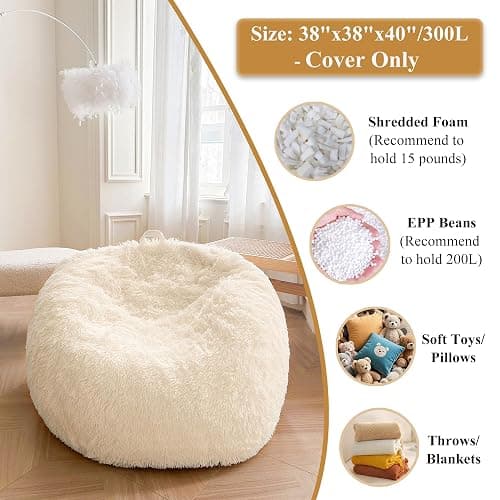 XeGe Fluffy Stuffed Animal Storage Bean Bag Chair Cover(No Filler), Faux Fur Washable Ultra Soft Bean Bag Cover for Plush Toys or Textile, Plush Shaggy Large Bean Bag for Adults Kids Teens, Beige thumbnail 3