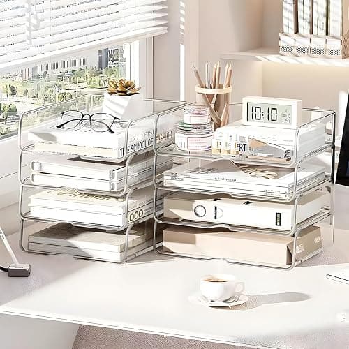 OUTIOE 4-Tier Paper Organizer for Desk, Stackable Desk Organizer Paper Tray, Ideal for Office Supplies, A4 Storage (Clear, 4-Tier) thumbnail 6