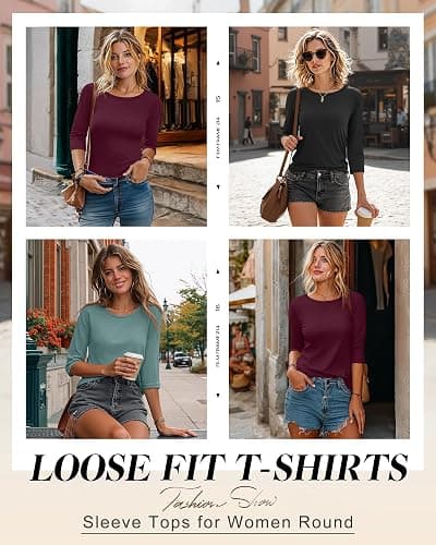Ficerd 3 Pack 3/4 Sleeve Tops for Women Round Neck Dressy Basics Tees Casual Trendy Loose Fit T Shirts thumbnail 4